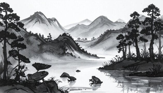 雨に包まれた静かな渓谷に蛙が佇む水墨画風の風景。
墨の濃淡で山や岩、霧の空気感を表現した和風アート。
柔らかな余白と雨の気配が静寂の雰囲気を演出。