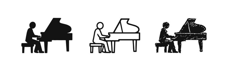 Person Playing Grand Piano Icon Set, Musician and Classical Music Symbol, Hand-Drawn Piano Player Silhoutte © drawing lines