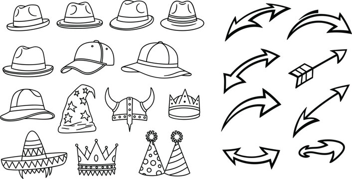 Hand drawn hat crown party cap and arrow doodle icon set in grunge sketch style isolated on white backgroundHand drawn hat crown party cap and arrow doodle icon set in grunge sketch style isolated on 