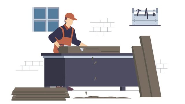 carpenter cutting wood plank with handsaw animation, Worker shaping timber for furniture animated video, carpenters clip, woodworker using hand tool footage, tradesperson and craftsmen motion graphics