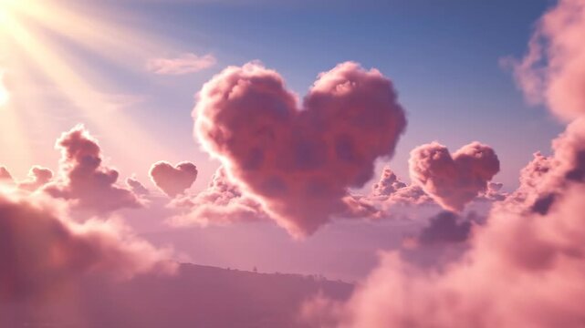Pink heart-shaped clouds floating in a blue sky. Romantic fantasy background for Valentine's Day