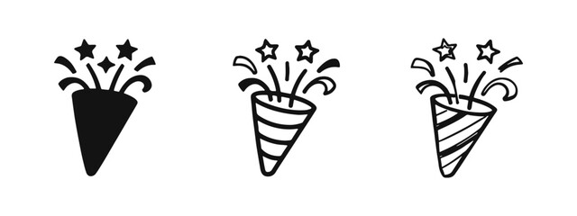 Confetti popper icon set. Celebration, party, and festive event symbol. Success and joy flat vector illustration.