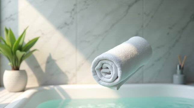 Una toalla de ba&ntilde;o enrollada flotando en el aire con un sutil efecto de sombra