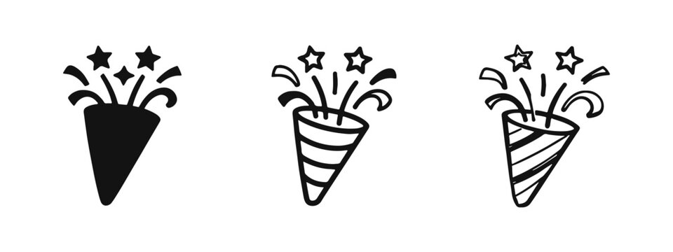 Confetti popper icon set. Celebration, party, and festive event symbol. Success and joy flat vector illustration.