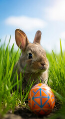 Fototapeta premium Close-up of brown rabbit in green grass with decorative egg, representing spring, new life, and the Easter holiday, perfect for seasonal concepts