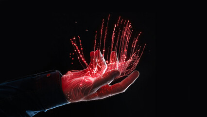 Futuristic human hand holding glowing red digital particles and energy streams in darkness. Concept of data power, digital transformation, artificial intelligence and futuristic technology control. © Lustre Art Group 