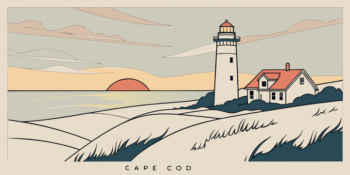 USA, US, U.S, United States - Cape Cod lighthouse dunes sunrise panorama classic coastal charm
