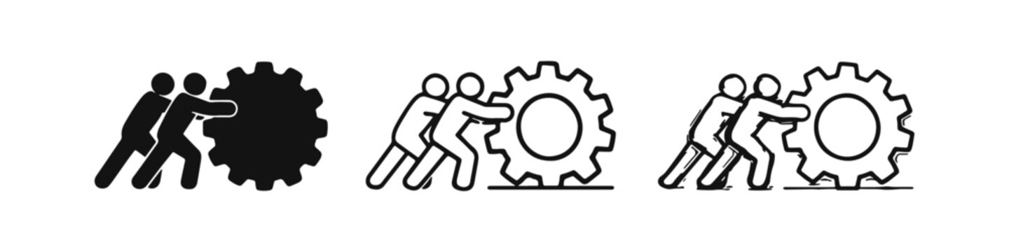 Team pushing gear icon set. Collaboration, industrial effort, and mechanics symbol. Teamwork and progress flat vector illustration.