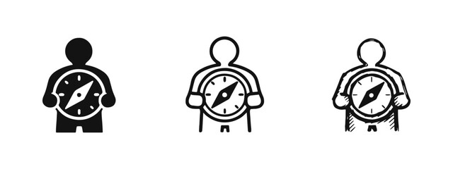 Person holding compass icon set. Guidance, direction, and navigation symbol. Strategy and purpose flat vector illustration. © drawing lines