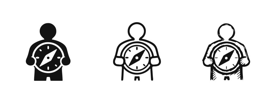 Person holding compass icon set. Guidance, direction, and navigation symbol. Strategy and purpose flat vector illustration.
