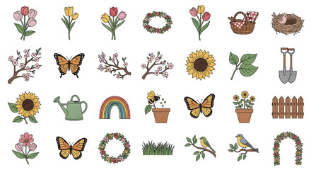 Fototapeta premium A delightful collection of charming spring season elements and garden-themed illustrations, perfect for creating vibrant designs, decorations, and digital art