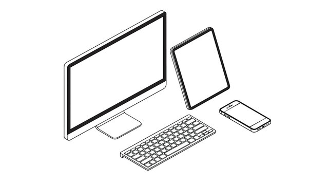 Group of isometric line art gadgets including a desktop monitor, wireless keyboard, tablet, and smartphone showcasing modern technology workspace.