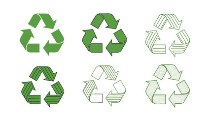 Obraz premium Collection of six recycling symbols in various shades of green and artistic styles representing environmental awareness and sustainability.
