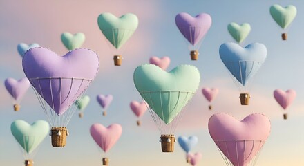 Naklejka premium Pastel heart shaped hot air balloons floating in sky