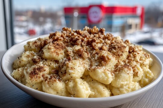 A delectable bowl of Slovak gnocchi with bryndza cheese and walnuts, presented on a wooden table with a blurred urban background, capturing authentic cuisine.