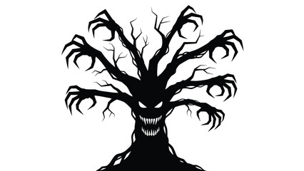 Menacing black silhouette of a spooky halloween tree featuring gnarled claw like branches and a terrifying sharp toothed grin face.