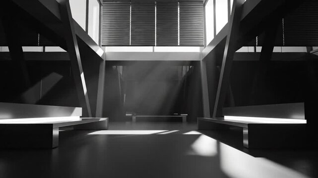 Black and white minimal interior with bright sunlight streaming through large windows and a single mist cloud