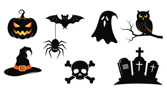 Spooky set of Halloween silhouettes featuring icons of a jack o lantern, bat, spider, ghost, owl, witch hat, skull, and a graveyard.