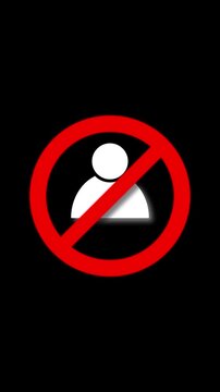 Minimalist red prohibition sign with black silhouette of a person looped motion graphic animation on social media black background.