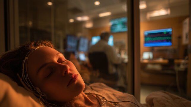A patient sleeping peacefully in a modern sleep diagnostic center with multiple EEG and polysomnography sensors attached, technician monitoring brainwave data on screens in background 