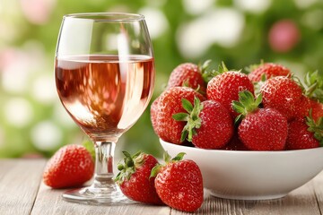 A refreshing glass of ros&eacute; wine alongside a bowl of ripe, juicy strawberries, capturing the essence of summer and simple pleasures on a sun-drenched wooden table.