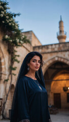 Naklejka premium A young woman in a dark veil stands in front of an ancient building with a minaret in the background.