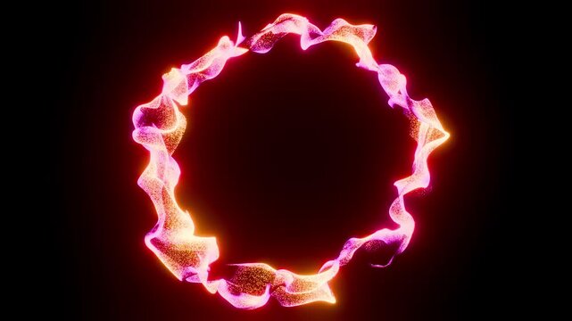 Horizontal 3D abstract particles ring fire flame glow neon background copyspace loop animation wallpaper poster branding template banner header cover mockup, black red orange pink magenta