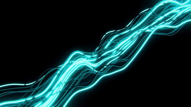 Horizontal 3D abstract lines connection ethernet neon glow blue cyan background loop animation, copyspace wallpaper poster banner template mockup branding, web wires digital network data signal