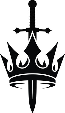 Black silhouette of a crown with a sword through it on white background royalty power symbol
