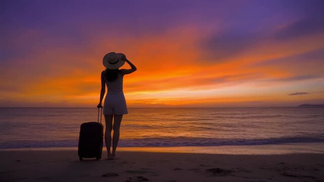 The Sunk Cost Trip. Girl Math. Travel / Vacation. A photorealistic wide shot of a woman standing on a beach with a suitcase, looking at the ocean during a sunset, wearing a summer hat
