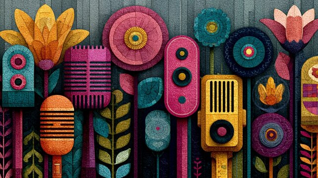 whimsical International Amateur Radio Month poster design, flat illustration blending Memphis patterns with boho floral and tribal-inspired ornaments, microphones, radio devices