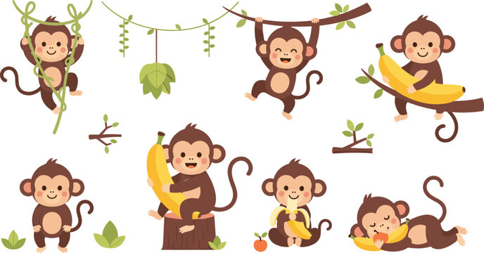 Cute cartoon monkey set swinging on jungle vines and eating bananas, playful tropical animal characters vector illustration collection
