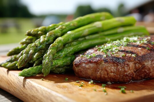 A grilled beef steak served with fresh asparagus on a wooden board, garnished with herbs, and presented outdoors with a blurred background, creating an appetizing scene.