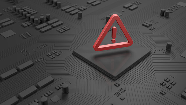 Microchip. Red triangle with an exclamation point. Warning. 3d illustration.