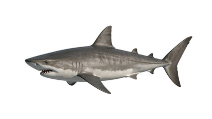 Obraz premium Great white shark swimming isolated on white background, full body side view