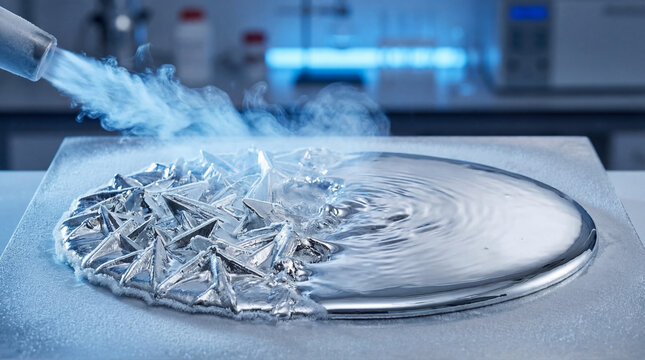 Thermodynamics Phase Transition Concept High Speed Macro Liquid Metal Instantly Freezing into Jagged Crystals