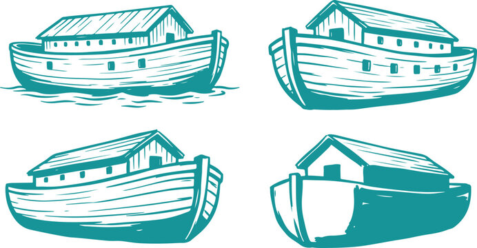 Hand Drawn Noah&rsquo;s Ark Set Vector Illustration, Biblical Ark Boat Sketch Collection.