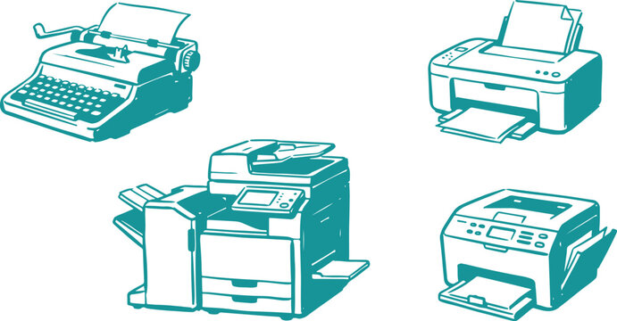 Hand Drawn Printer and Typewriter Set Vector Illustration, Office Printing Machine Sketch Collection.