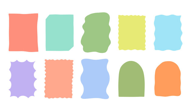 Hand drawn abstract shapes vector illustration set. Colorful pastel playful border frames with wavy, rounded, scalloped forms. Decorative curved doodle backgrounds for banner, packaging, card design