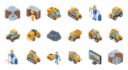 Fototapeta premium Construction and Mining Equipment and Workers Isometric Icons Set.