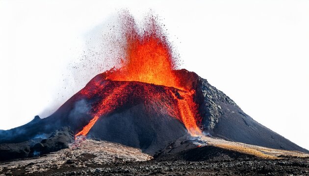 red volcano erupting in rugged mountains dramatic lava plume powerful eruption geological landscape nature isolated on white background