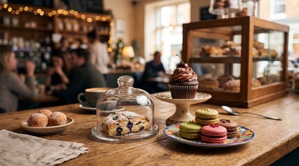 Fototapeta premium Delicious Cupcakes and Macarons on a Cafe Table.