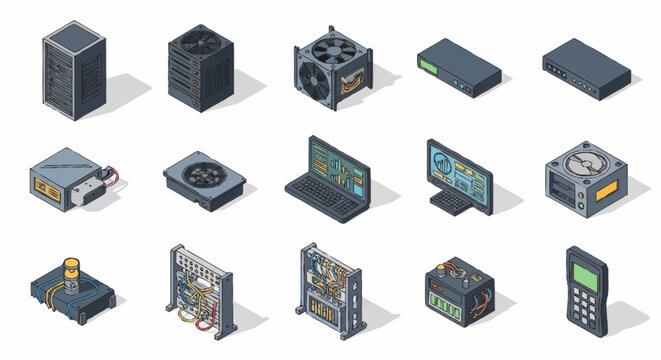 Isometric collection of computer hardware and electronic devices.