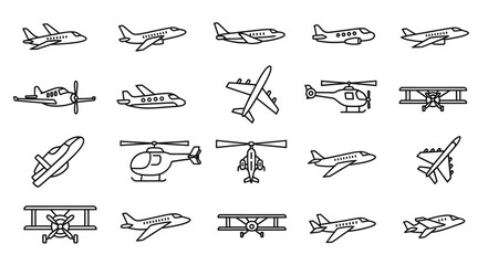 Collection of Various Airplane and Helicopter Icons in Outline Style. © Toknah