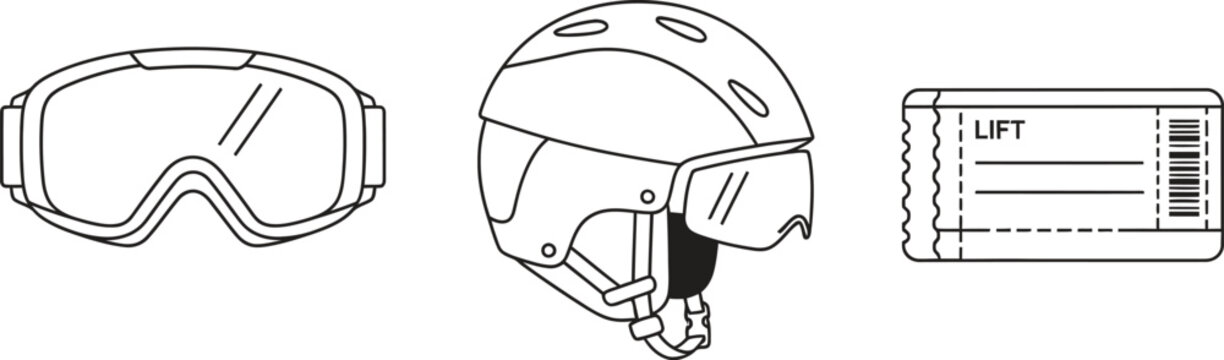 Set of minimalist ski and snowboard equipment icons featuring goggles a helmet and a lift ticket ideal for winter sports apps and websites