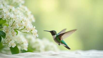 Fototapeta premium Green hummingbird hovering near white blossoms on branch, tiny iridescent bird flying toward spring flowers, concept of nature photography, wildlife, ecology