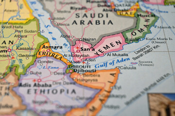 Naklejka premium Al Hudaydah Yemen on World Map Close Up Macro Defocused Background Geographic Image