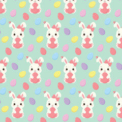 Seamless pattern with cute bunnies and colourful eggs. Spring season Easter holiday vector illustration.