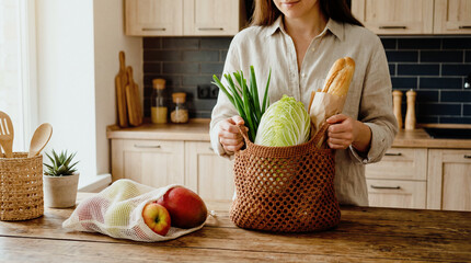A woman holds a bag of vegetables on the table, healthy eating, and mindful food choices for a balanced lifestyle.