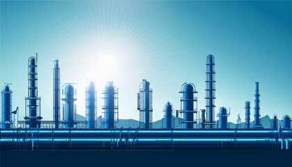 Obraz premium industrial pipeline oil and gas factory blue color banner with sun ligh